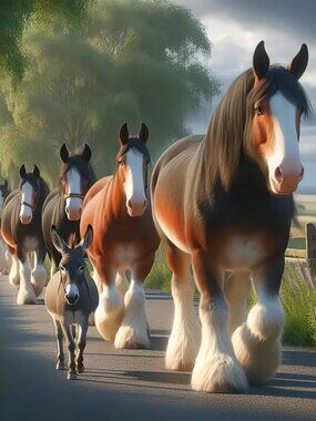 Shire Horses And Donkeys in a Row